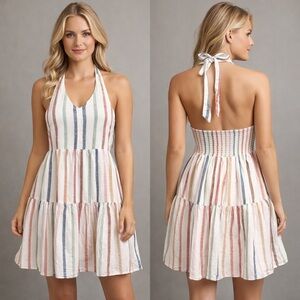 American Eagle Outfitters Halter Y2K Colorful Striped Boho Sexy Festival Dress.